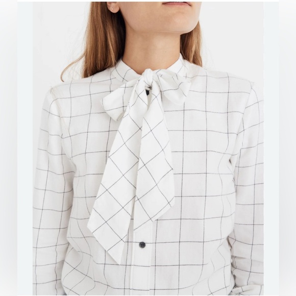 Madewell, front bowtie, size XL white, black striped flannel long sleeve - Picture 1 of 7